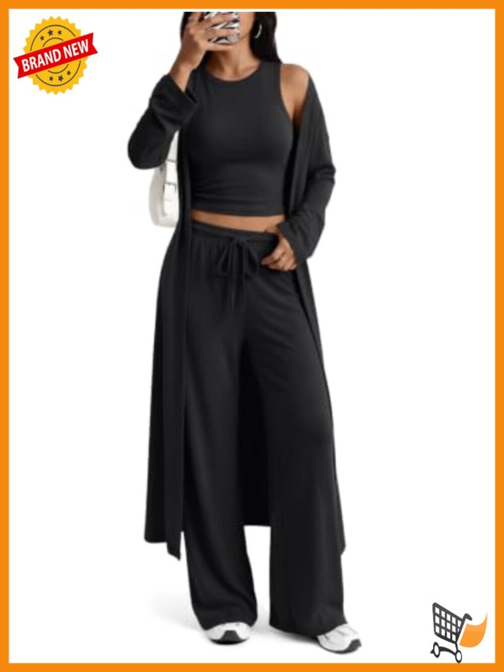 3 Piece Lounge Set Crop Tank Wide Leg Pants Duster Travel Outfit